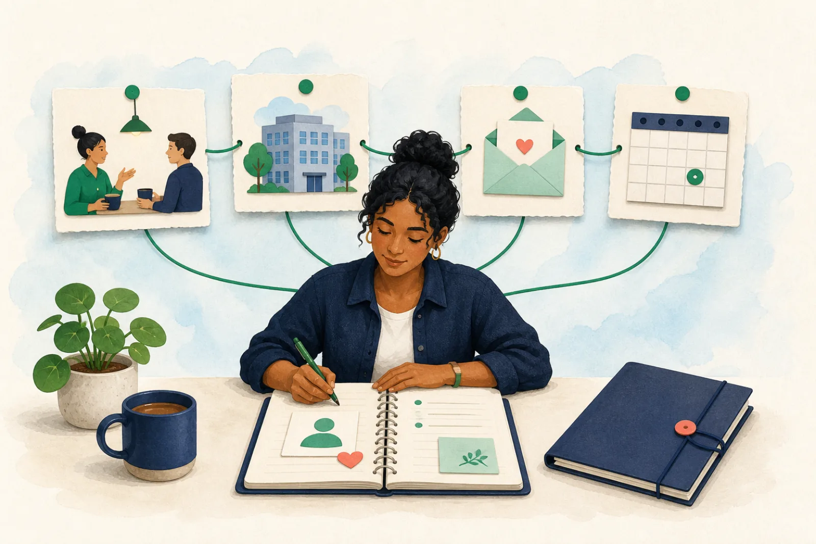 A job seeker connecting a conversation, company research, thank-you note, and next step around one relationship
