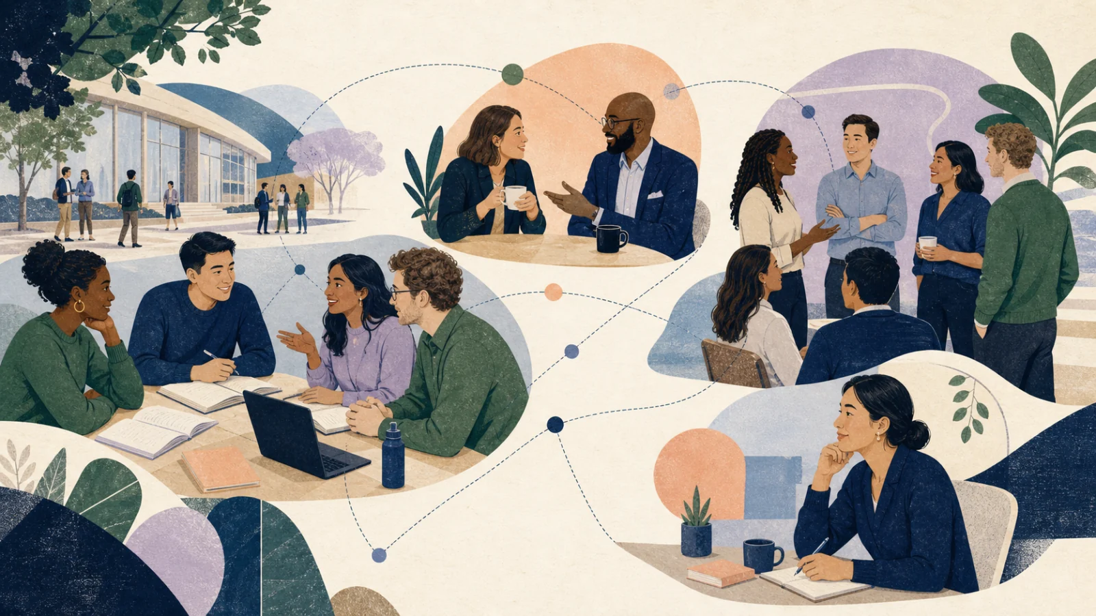 MBA students moving through study groups, an alumni coffee chat, a club event, and reflective follow-up