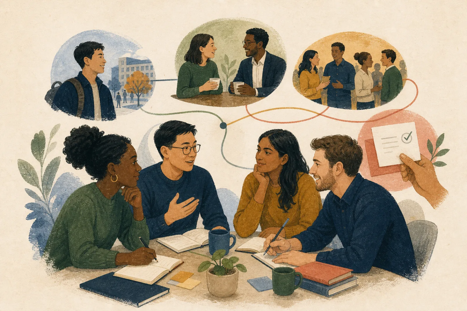 MBA students learning in a small group, meeting an alum for coffee, joining a club conversation, and completing a promised follow-up