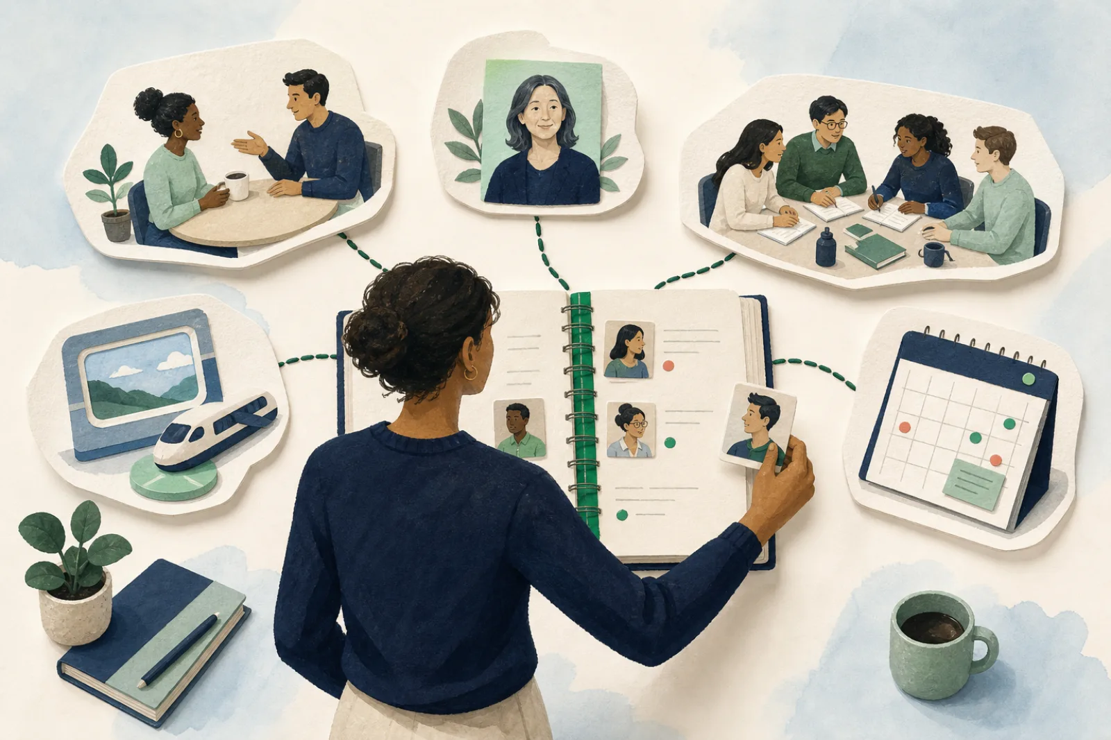 An MBA student connecting a coffee chat, career trek, alumni conversation, class team, and recruiting calendar