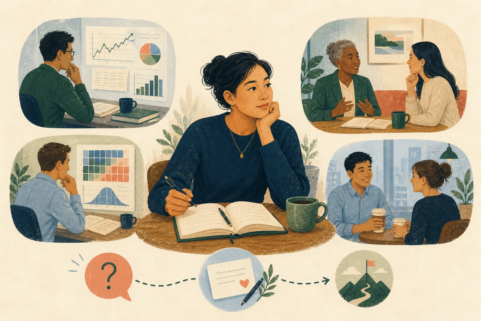 A finance professional preparing questions, comparing role perspectives in coffee chats, and closing the loop with a thank-you