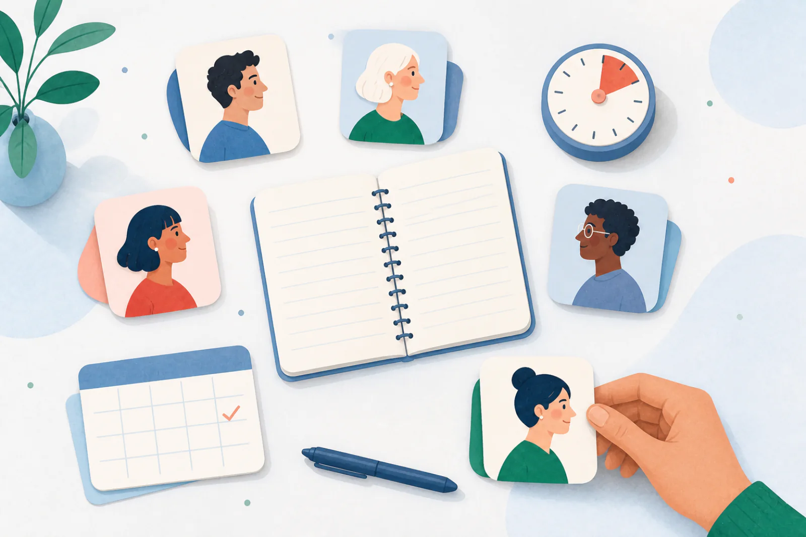 Five portrait cards arranged around a notebook, timer, and weekly calendar