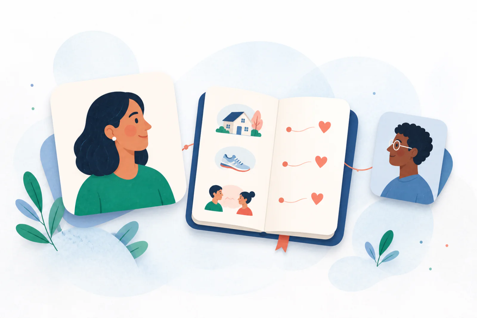 A portrait card, notebook, home, running shoe, and introduction arranged as one relationship record