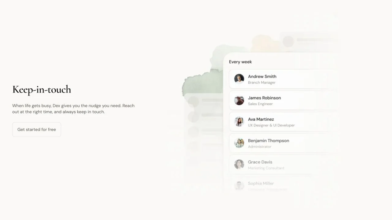 Dex product page showing a keep-in-touch reminder list with contacts and follow-up dates