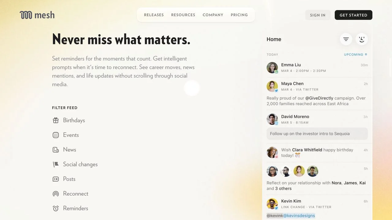 Mesh product page showing a relationship home view with updates, reminders, and a contact feed