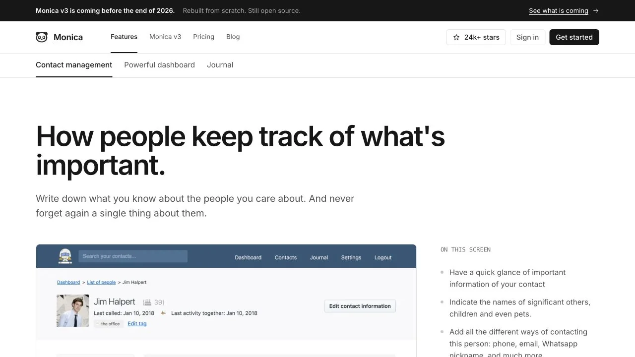 Monica product page showing a detailed contact record with notes, relationships, tasks, and activities